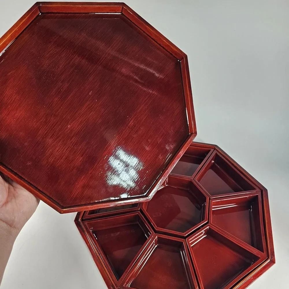 Antique China Mother of Pearl Inlay Lacquer Wooden Octagon Jewelry Bento Box
